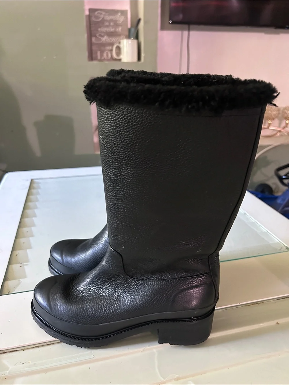 HUNTER Shearling Leather Pull On Boots Womens